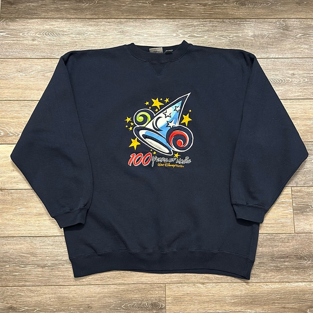 VTG DISNEY 100 YEARS OF MAGIC CREW NECK SWEATSHIRT BLUE EMBROIDERED SIZE XXL
